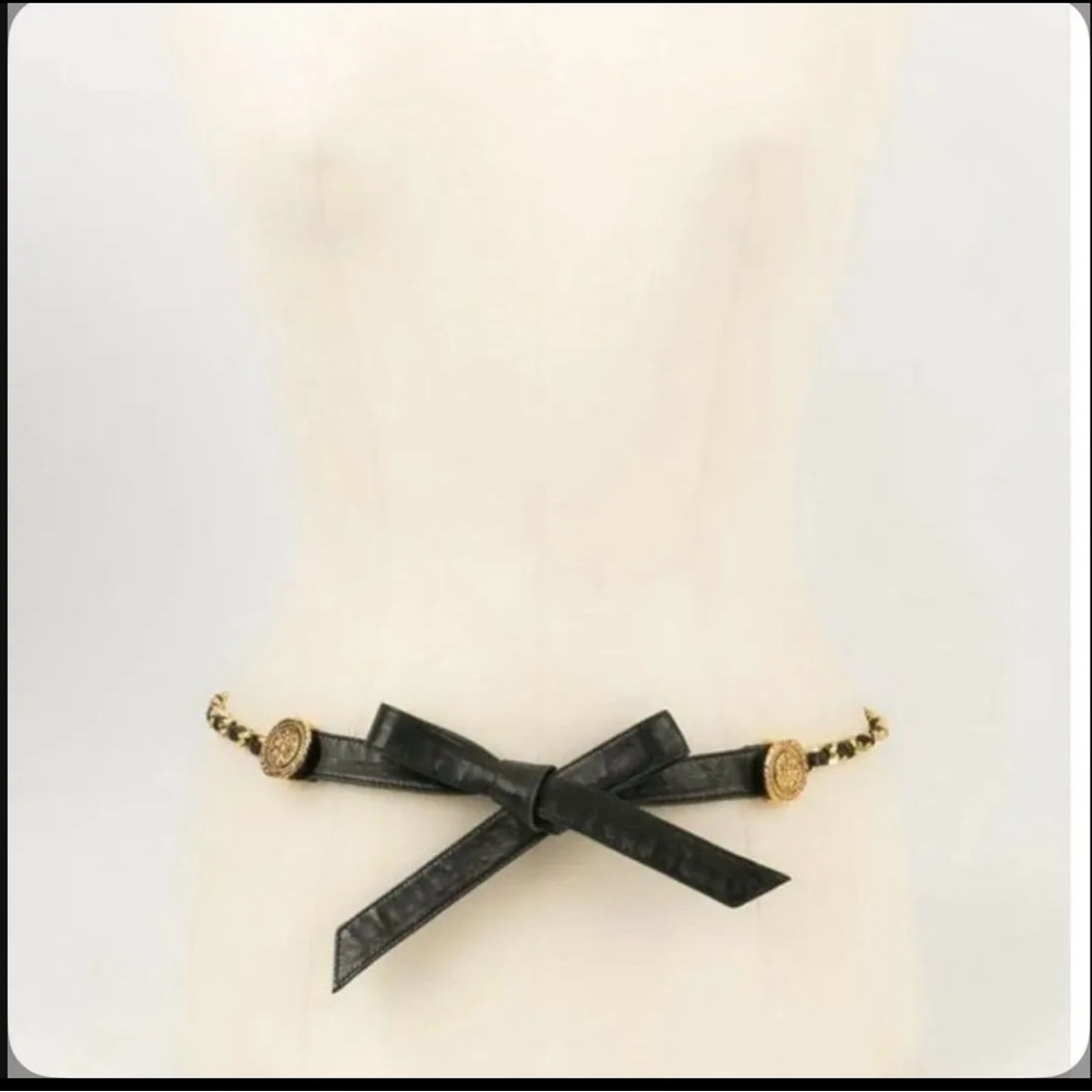 CHANEL Black Leather Belt with Gold Accents vintage - Picture 2 of 8